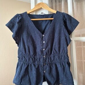 Time and Tru Dark Blue Eyelet Blouse
